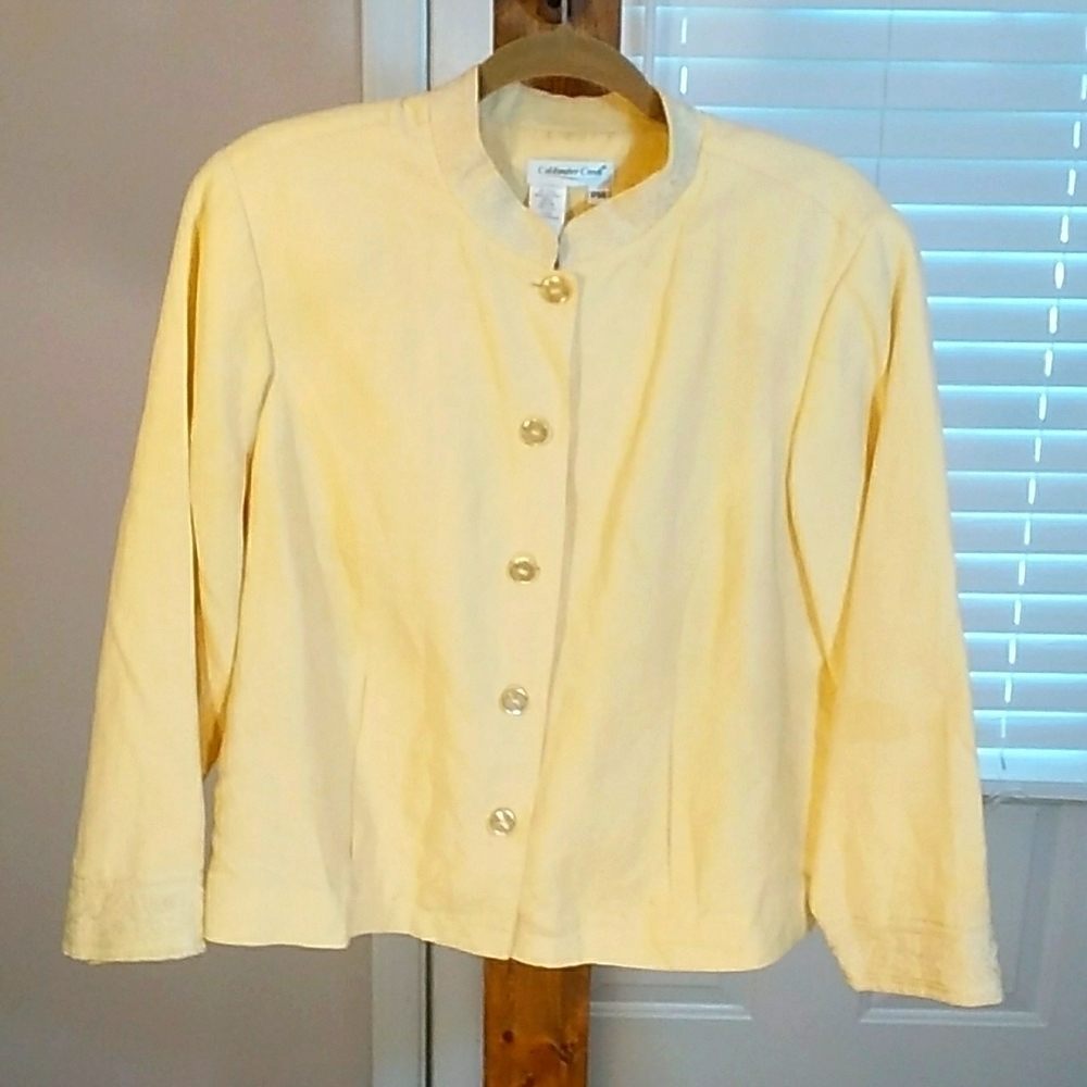 Coldwater Creek Yellow Embroidered Silk Linen Jacket Size P14 Long Sleeves